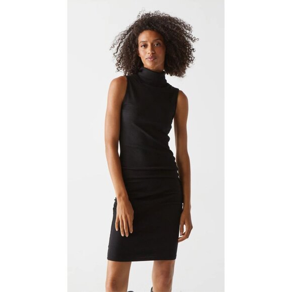 NWT Michael Stars Macy Dress XLP Ultra Rib Black Sleeveless Mock Neck W/ Ruching - Picture 1 of 7